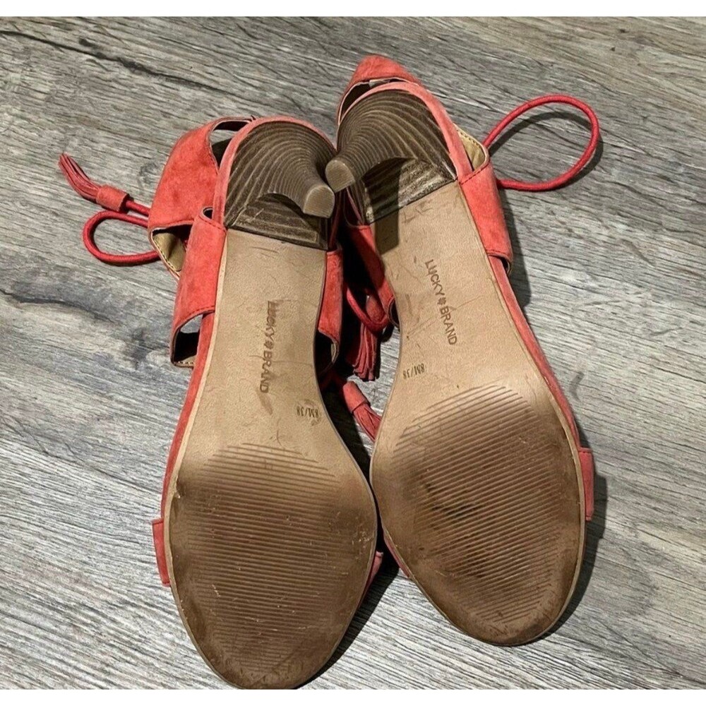 Lucky Brand Uzelia Coral Red Suede Ghillie Lace Up Caged Sandal Heels Size 8 - Picture 6 of 6
